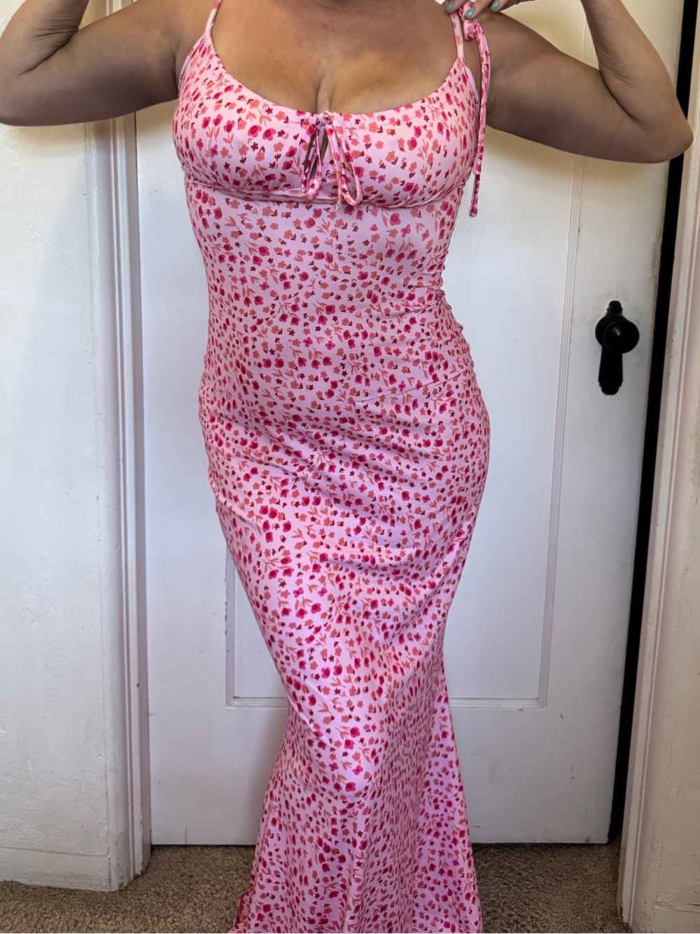 Pink Floral Print Slip Dress with Tie Front